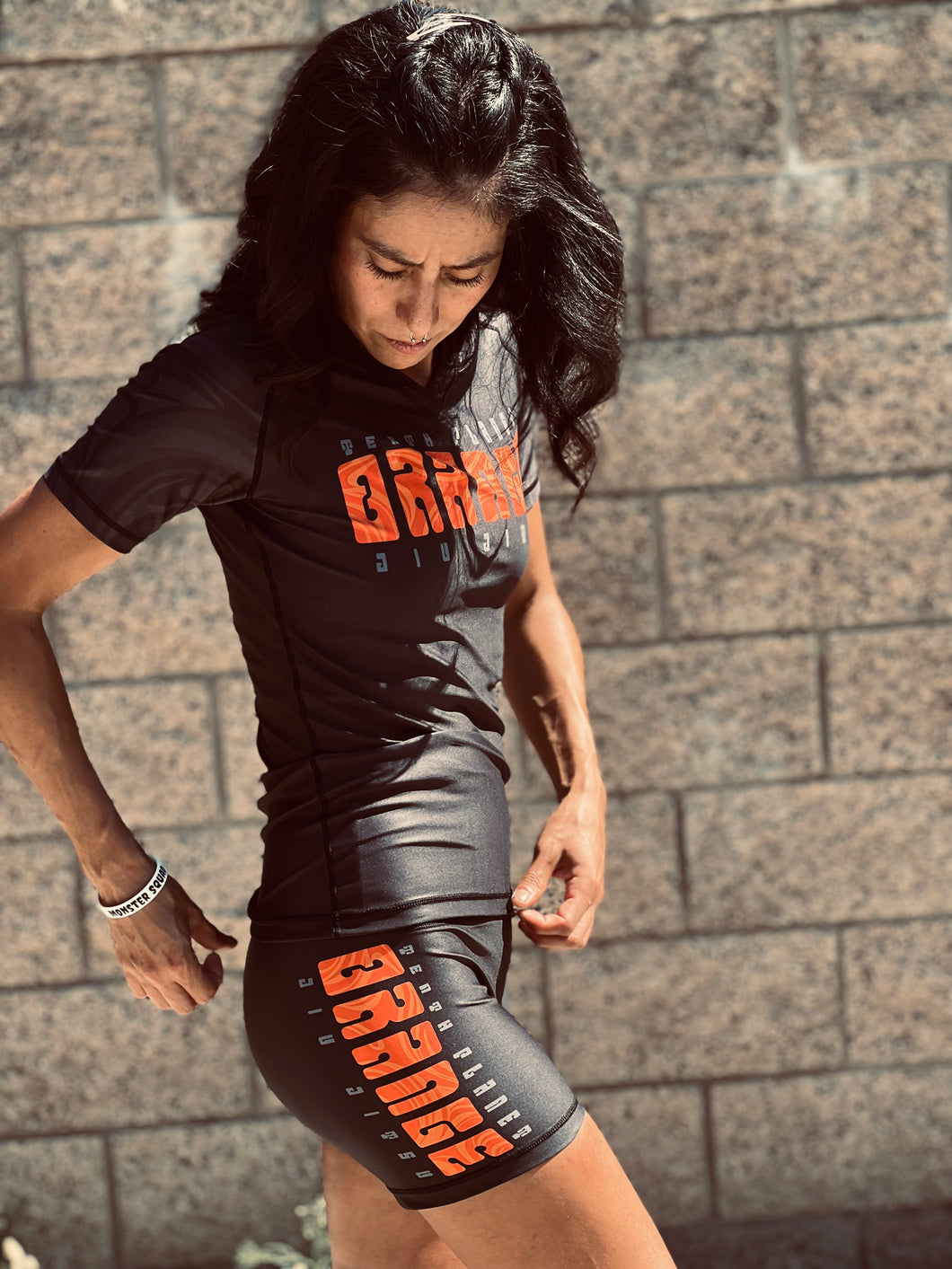 Womens ORANGE HIGH WAISTED SPANDEX SHORTS LG only OC NoGi